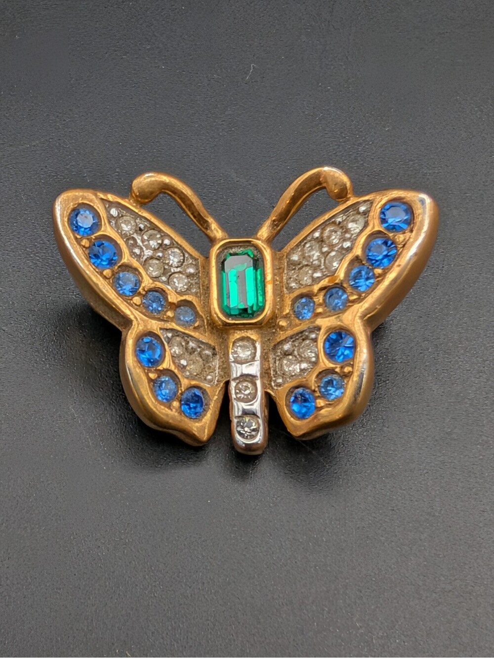 Vintage Swarovski Swan Signed Gold Tone Butterfly Brooch Blue Emerald Rhinestone